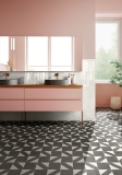 Generative AI illustration of minimalist bathroom with powdery colors walls, birch plywood bathroom cabinet,