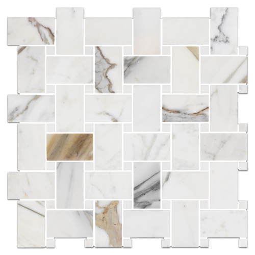 Calacatta Gold Extra Large Basketweave with 5/8" White Thassos Dot Mosaic Honed
